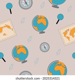 Geographic seamless pattern. Globe, magnifier, compass, world map