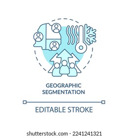 Juego de iconos de concepto azul de segmentación geográfica. Ilustración de línea delgada de idea abstracta de tipo de segmentación de mercado. Dibujo de contorno aislado. Trazo editable. Fuentes Arial, Myriad Pro-Bold utilizadas