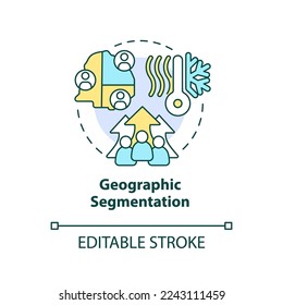 Geographic segmentation concept icons set. Region, country. Market segmentation type abstract idea thin line illustration. Isolated outline drawing. Editable stroke. Arial, Myriad Pro-Bold fonts used