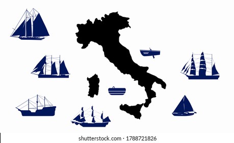 geographic shape of Italy and several boats scattered on a white background,concept of immigration or travel,vector illustration