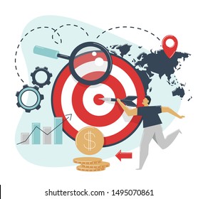 Geographic Targeting Concept. Man Hits Target With Dart. Advertising Settings To Target Audience By Location. Choice Of Location, Positioning, Profit Growth. Marketing Segmentation