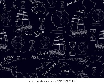 Geographic vector seamless pattern with ships and globes handwritten with chalk on a blackboard