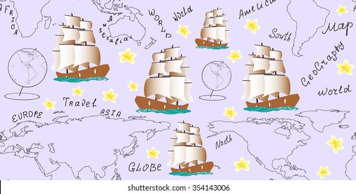 Geographic vector seamless pattern with world map and globes handwritten by chalk on grey board. Elements of this image furnished by NASA