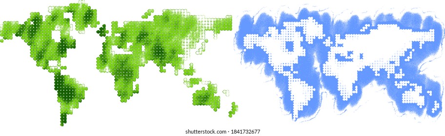 Geographic watercolor set in vector format. World maps. Wet paint, brush strokes on canvas texture. Save our world environment and ecology, blue water and green forests