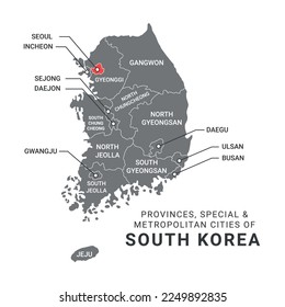 Mapa administrativo geográfico de provincias y ciudades de Corea del Sur Ilustración vectorial aislada en fondo blanco. 