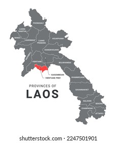 Geographical Administrative Map and Provinces Name of Laos Vector Illustration Isolated on White Background. 