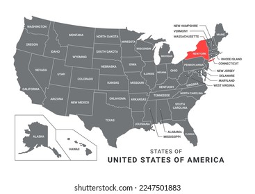 Geographical Administrative Map and States Name of the United States of America Vector Illustration Isolated on White Background. 