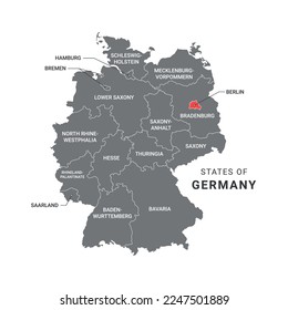 Geographical Administrative Map and States Name of Germany Vector Illustration Isolated on White Background. 