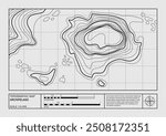 Geographical archipelago landscape relief contour map, topographic poster. Abstract line drawing represent land elevation with minimalist art style design. Cartography pattern. Modern monochrome print