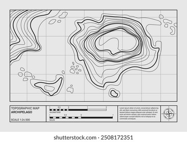 Geographical archipelago landscape relief contour map, topographic poster. Abstract line drawing represent land elevation with minimalist art style design. Cartography pattern. Modern monochrome print