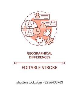 Geographical differences red concept icon. IT staffing service disadvantage abstract idea thin line illustration. Isolated outline drawing. Editable stroke. Arial, Myriad Pro-Bold fonts used