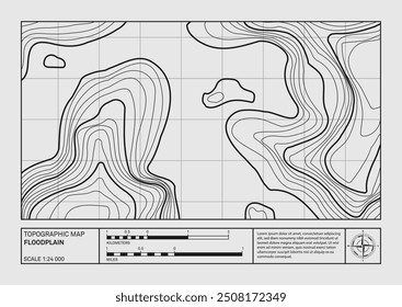 Geographical floodplain landscape relief contour map, topographic poster. Abstract line drawing represents land elevation with minimalist art style design. Cartography pattern. Modern monochrome print