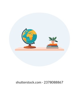 Geographical globe with books and a flower in a pot on the table. white background. flat style. Back to school.
