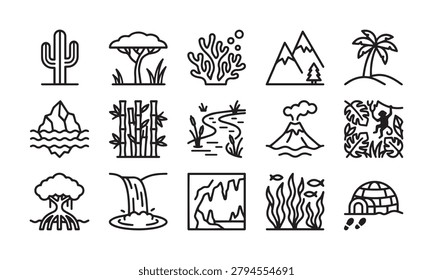 Geographical icons featuring natural landforms habitats including cactus trees coral mountains palm volcano icebergs bamboo forest waterfall cave seaweed igloo.