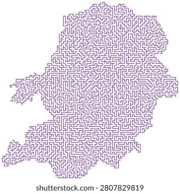 Geographical landmass silhouette filled with complex maze patterns ideal for educational materials challenging games and creative graphic design resource projects.