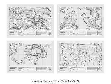 Geographical landscape relief contour map, topographic posters set. Abstract line drawing represents land elevation with minimalist art style design. Cartography pattern. Modern monochrome print