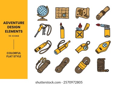 geographical map navigation, fire gas lighter, emergency whistle, hack of outdoor ropes colorful doodle illustration vector element design set for adventure, explorer, mountaineer, hiker and climber