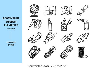 geographical map navigation, fire gas lighter, emergency whistle, hack of outdoor ropes outline line art icon symbol element designs set for adventure, explorer, mountaineer, hiker and climber