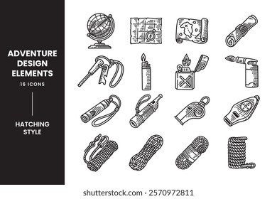 geographical map navigation, fire gas lighter, emergency whistle, hack of outdoor ropes hatching engraving illustration vector element designs set for adventure, explorer, mountaineer, hiker, climber