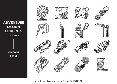 geographical map navigation, fire gas lighter, emergency whistle, hack of outdoor ropes vintage outline illustration vector element designs set for adventure, explorer, mountaineer, hiker and climber