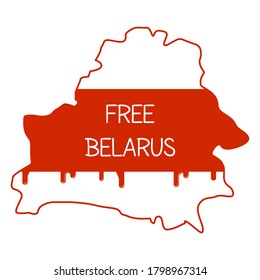 Mapa geográfico. Nuevos colores de la bandera nacional colocados dentro del contorno del país con gotas de sangre. Leyenda Bielorrusia Libre. Manifestación pacífica del pueblo bielorruso. Violencia por dictadura. Vector.