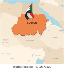 A geographical map of Suda and surrounding countries with flags placed on the map.