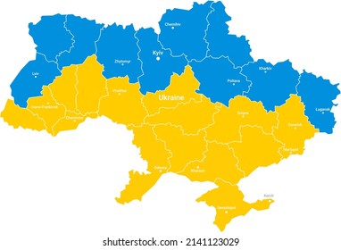 Mapa geográfico de Ucrania con las fronteras de sus regiones constituyentes y los nombres de las principales ciudades, un vector con la posibilidad de volver a pintar cada región