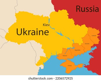 geographical map of Ukraine with regions captured by Russia