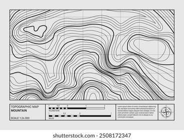 Geographical mountain landscape relief contour map, topographic poster. Abstract line drawing represents land elevation with minimalist art style design. Cartography pattern. Modern monochrome print