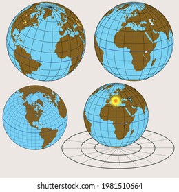 Geographical shapes, auxiliary lesson shapes, planar, conical, cylindrical, projection