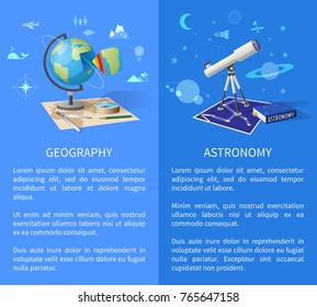 Geography and astronomy informative Internet pages with globe model, world and starry sky maps, and powerful telescope vector illustrations.