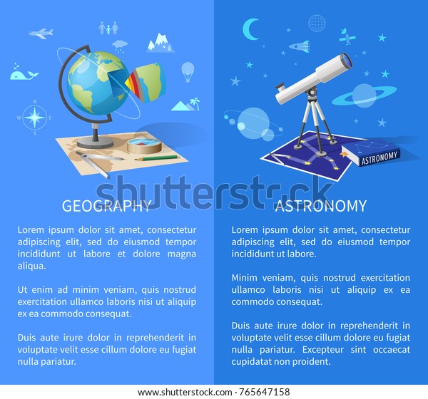 Geography and astronomy informative\
Internet pages with globe model, world and starry sky maps, and\
powerful telescope vector\
illustrations.