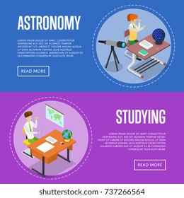 Geography and astronomy studying at school isometric 3D posters. Young people sitting at table in classroom and doing homework. Individual education concept, student in audience vector illustration.