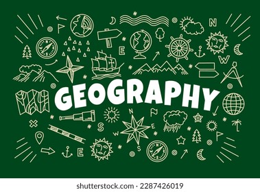 Geography background with signs and symbols of map on school blackboard. Vector sketch chalk compass, world map and Earth globe, clouds, sun and mountains, North star, wind rose and cartography signs