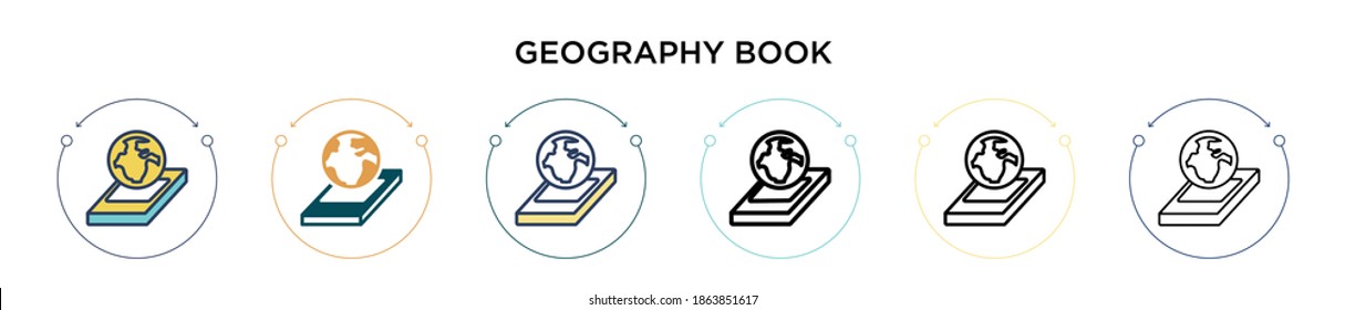Geography book icon in filled, thin line, outline and stroke style. Vector illustration of two colored and black geography book vector icons designs can be used for mobile, ui, web