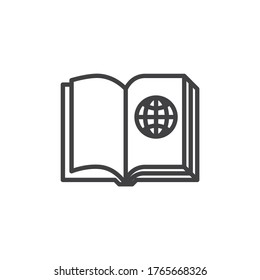 Geography book line icon. linear style sign for mobile concept and web design. Open book page with world globe outline vector icon. Symbol, logo illustration. Vector graphics