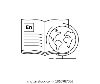 Icono de línea de libro de geografía. signo de estilo lineal para concepto móvil y diseño web. Libro con icono de vector de contorno de globo mundial. Símbolo, ilustración del logotipo. Gráficos vectoriales