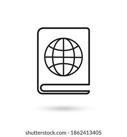 Geography book line icon. linear style sign for mobile concept and web design. Book with world globe outline vector icon. Symbol, logo illustration. Vector graphics. Flat design