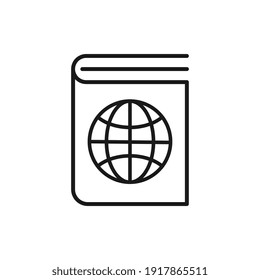 Symbol für die geografische Buchlinie. lineares Stilzeichen für mobiles Konzept und Webdesign. Buchen Sie mit Weltkugel Umriss Vektorsymbol.