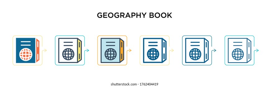Geography book vector icon in 6 different modern styles. Black, two colored geography book icons designed in filled, outline, line and stroke style. Vector illustration can be used for web, mobile,