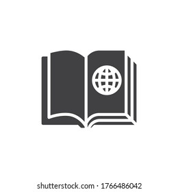 Geography book vector icon. filled flat sign for mobile concept and web design. Open book page with world globe glyph icon. Symbol, logo illustration. Vector graphics