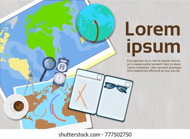 Geography And Cartography Concept Top Angle View Of Workplace Template Banner With Copy Space Vector Illustration