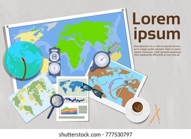 Geography And Cartography Concept Top Angle View Of Workplace Template Banner With Copy Space Vector Illustration