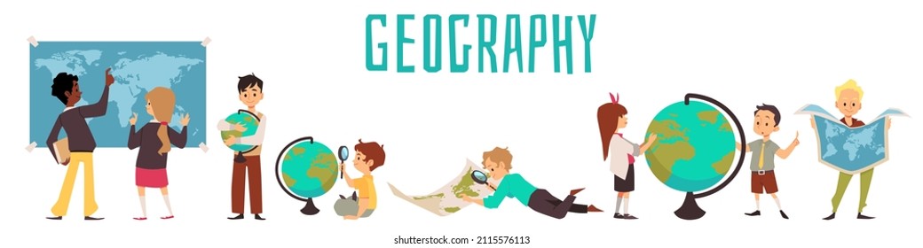 Banner de clase de geografía con niños estudiando el globo y el mapa del mundo, ilustración plana vectorial sobre fondo blanco. Conjunto de personajes infantiles explorando el ambiente, concepto de educación escolar.