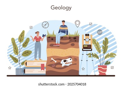 Geography Class Concept. Geology. Studying The Lands, Features, Inhabitants Of The Earth. Isolated Vector Illustration