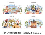 Geography class concept set. Studying the lands, features, inhabitants of the Earth. Cartography, geology and environment research on a school trip. Isolated vector illustration