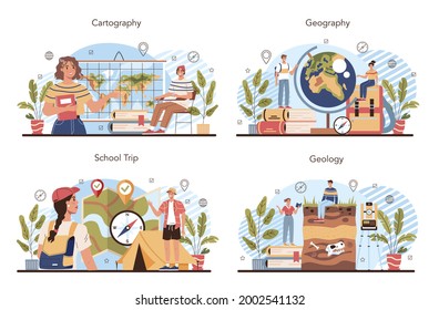 Geography class concept set. Studying the lands, features, inhabitants of the Earth. Cartography, geology and environment research on a school trip. Isolated vector illustration