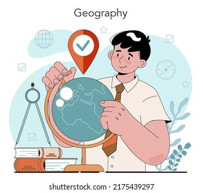 Geography Class Concept. Students Learning The Lands And Inhabitants Of The Earth. Mapping And Environment Research. Geology And Cartography Studying. Flat Vector Illustration