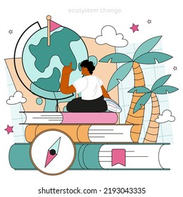 Geography class concept. Students learning the lands and ecosystems of the Earth. Climate and environment research. Flat vector illustration