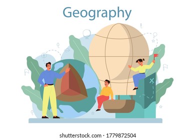 Geography class concept. Studying the lands, features, inhabitants of the Earth. Mapping and environment research. Isolated vector illustration